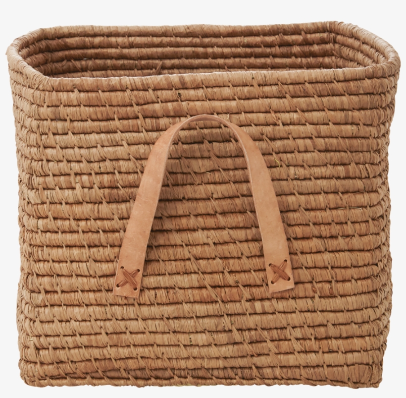 Beige Square Raffia Basket Tan Leather Handles Rice - Raffia Basket, transparent png download