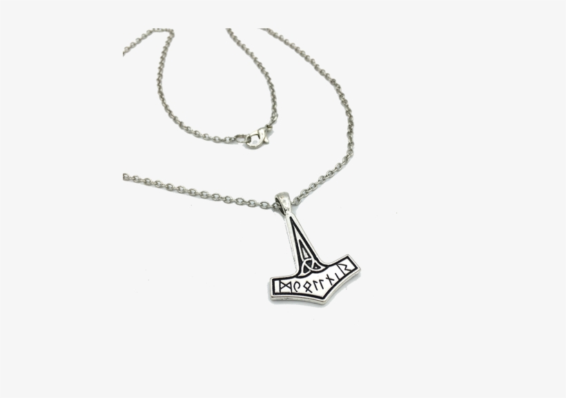 Long Silver Coloured Chain With A Rune-decorated Hammer - Antique Silver Thor Hammer Pendant Alloy Jewelry, transparent png download