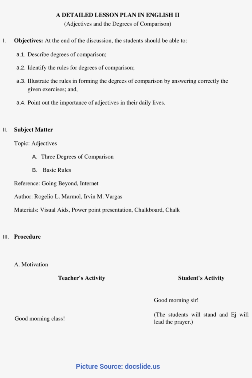 Best Lesson Plan For Teaching Degrees Of Comparison - Lesson Plan, transparent png download