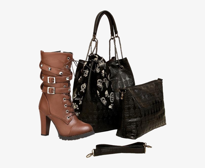 The Black Angel Boots Skull Design Bag Set - Vintage Skull Shoulder Bags Women Leather Black Handbags, transparent png download