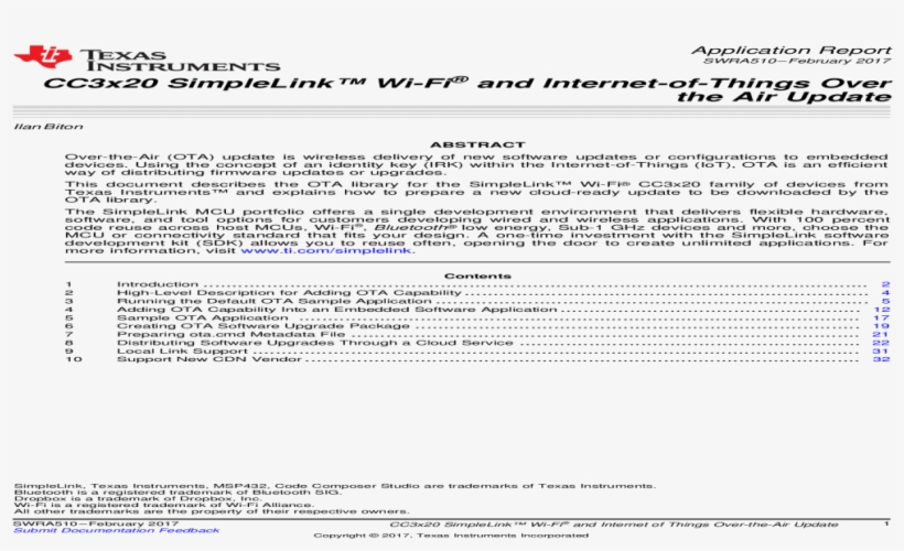 Cc3x20 Simplelink Wi Fi And Internet Of Things Over - Document, transparent png download