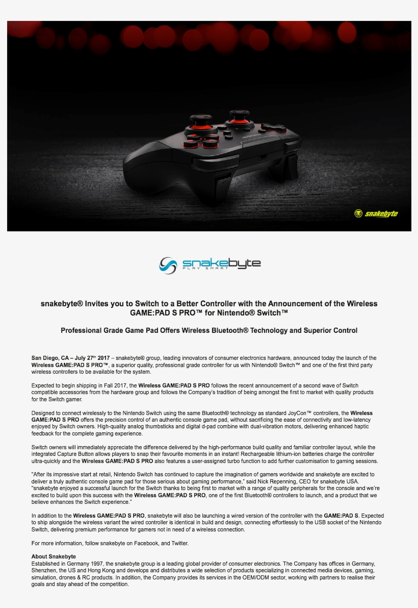 Snakebyte Reveals Wireless Gamepad For The Nintendo, transparent png download