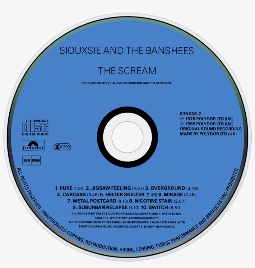 Siouxsie And The Banshees The Scream Cd Disc Image, transparent png download