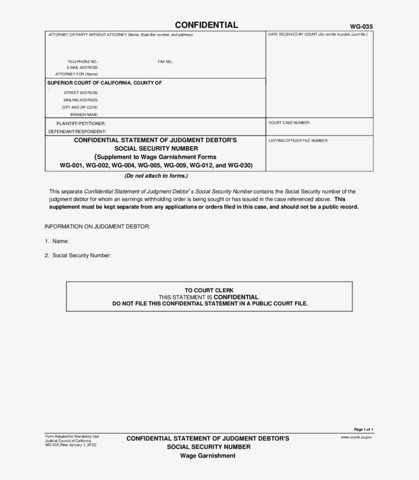 1 Wg-035 Confidential Statement Of Judgment Debtor's, transparent png download