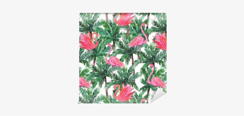 Watercolor Pink Flamingos, Exotic Birds, Tropical Palm - Watercolor Painting, transparent png download