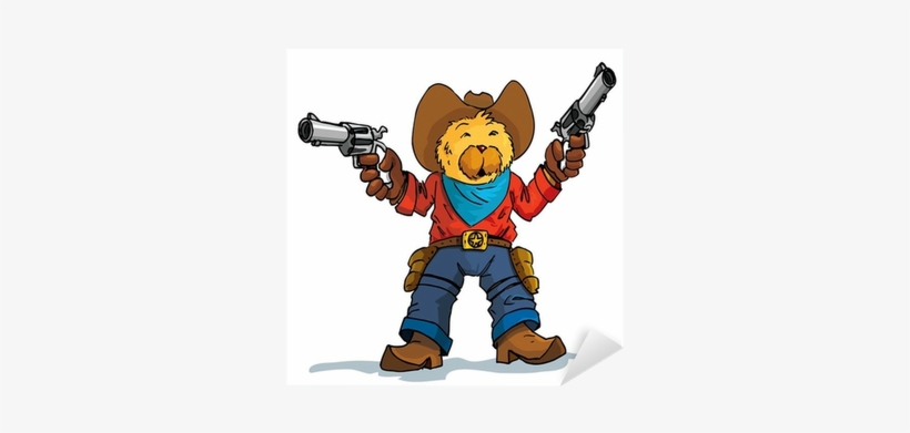 Cartoon Of A Bear Cowboy With Guns Drawn Sticker • - Cartoon Cowboy Silhouette, transparent png download