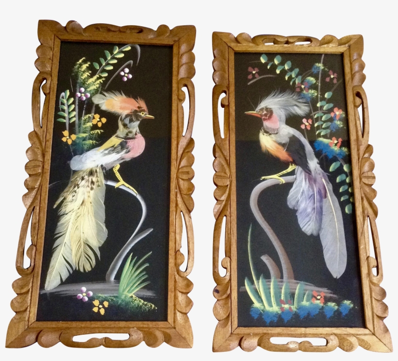 Vintage Mexican Feather Art Birds Mid Century Oil Painting, transparent png download