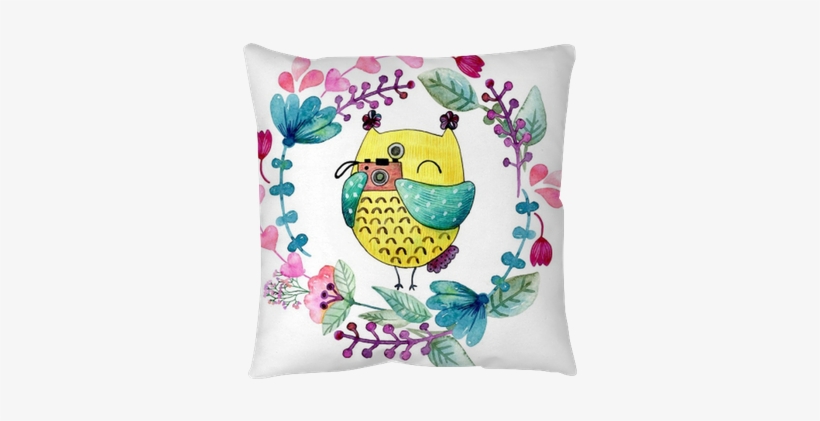 Watercolor Funny Illustration With Owl And Flowers - Watercolor Painting, transparent png download