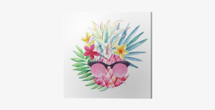 Watercolor Pineapple With Sun Glasses, Fan Palm Leaf - Aimerday Natural Rubber Yoga Mat 72x24" Nonslip Microfiber, transparent png download