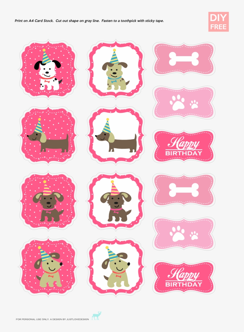 Diy Free Doggy Party Pink Cupcake Toppers, transparent png download