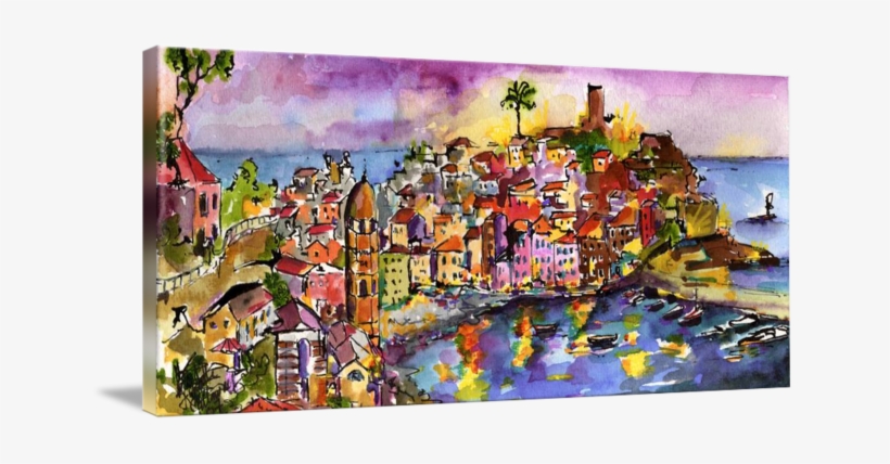 Vernazza At Night Watercolor Painting By Ginette C - Gallery-wrapped Canvas Art Print 60 X 26 Entitled Vernazza, transparent png download