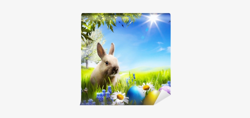 Art Little Easter Bunny And Easter Eggs On Green Grass - Easter Bunny Pillow Case, transparent png download