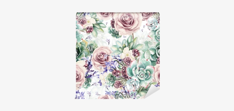 Beautiful Watercolor Pattern With Succulents And Lavender, - Pink Roses And Succulent Cactus Pattern On Black Clutch,, transparent png download