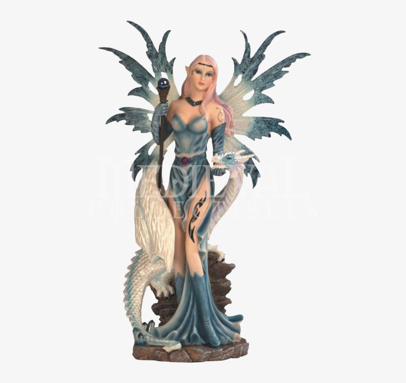 Blue Ice Fairy With Staff And Ice Dragon On Rock Fantasy, transparent png download