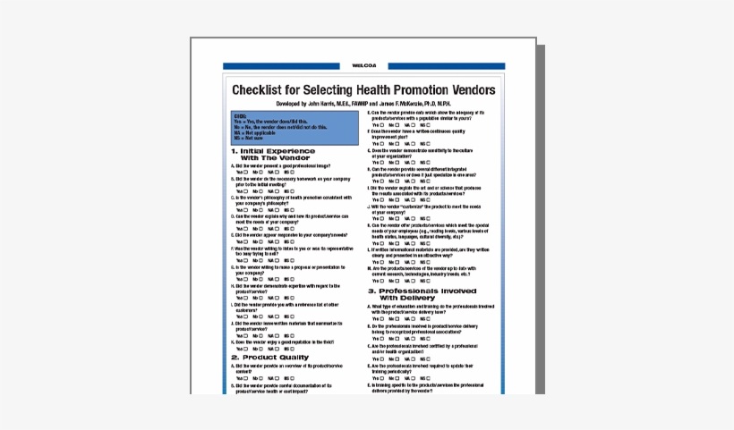 Checklist For Selecting Health Promotion Vendors, transparent png download