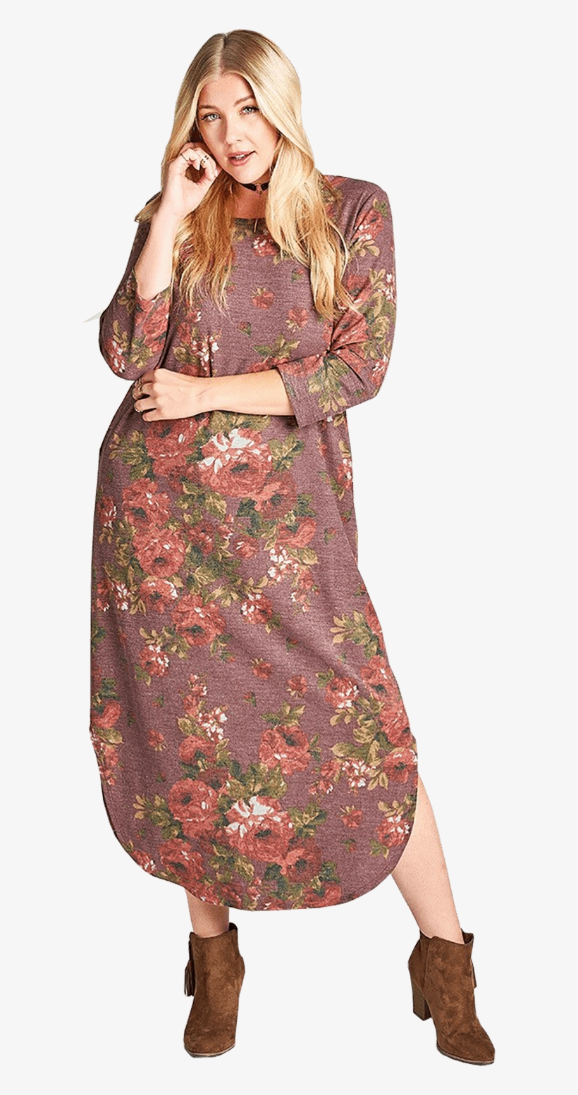 Women's Plus Size 3/4 Sleeve Dusty Floral Print Knit, transparent png download