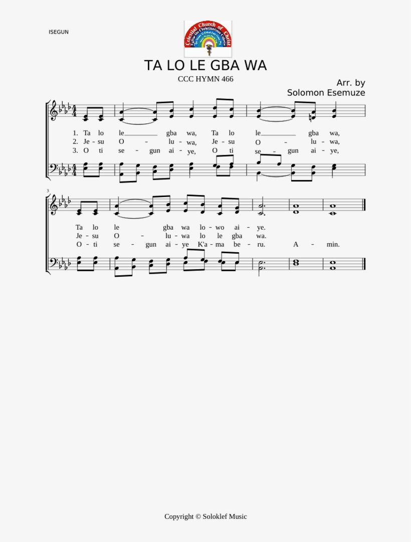 Ta Lo Le Gba Wa Sheet Music For Organ Download Free, transparent png download