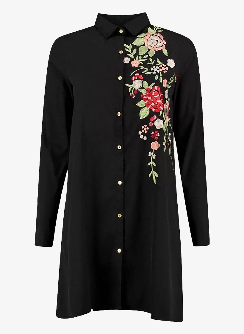 Floral Embroidered Long Sleeve A-line Dress - Dress, transparent png download