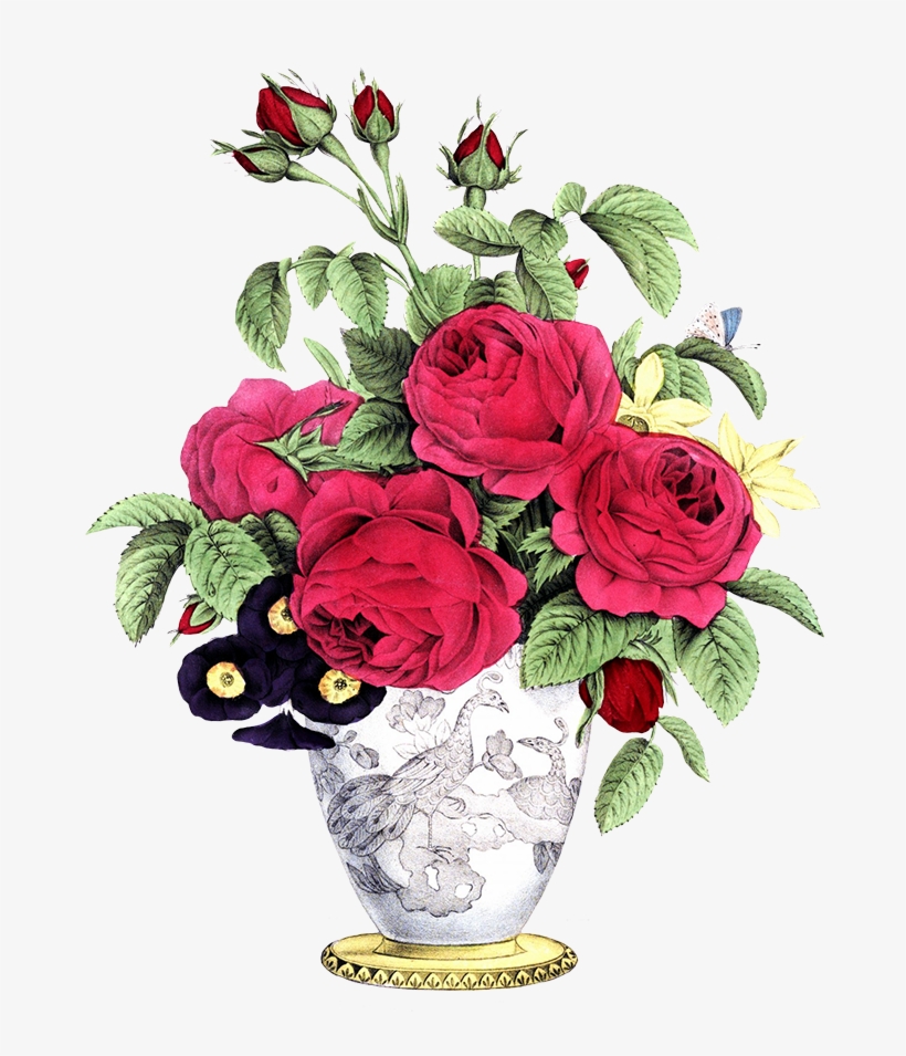 Vase With Red Roses Other Flowers Bouquet - Transparent Vintage Flowers Png, transparent png download