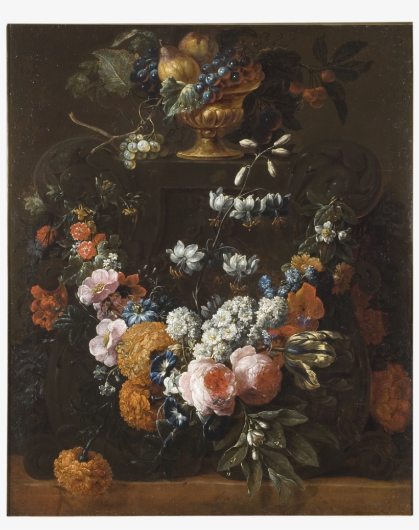 Flower Garland And Gilded Bowl Of Fruit, transparent png download