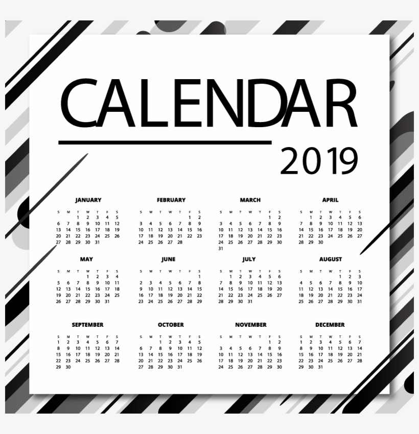 Black And White Streamlined New Year Calendar 2019 - New Year Calendar 2019 Png, transparent png download