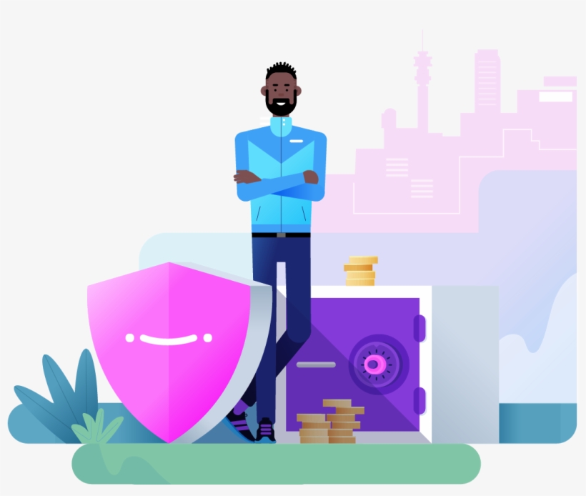 Man Standing With A Shield And A Safe With Money - Illustration, transparent png download