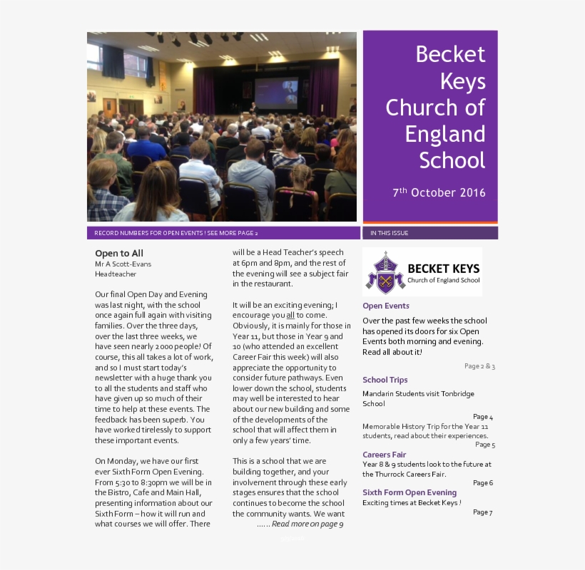 07 October - Becket Keys Church Of England School, transparent png download
