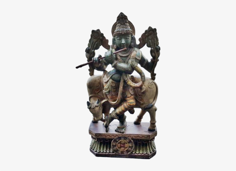 Hindu God Krishna With Cow Wooden Big Statue, transparent png download