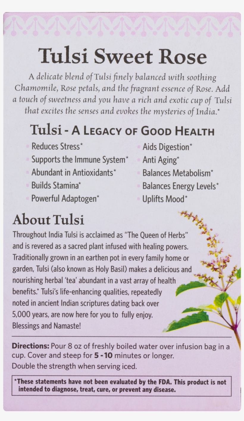Organic India Tulsi Holy Basil Sweet Rose Herbal Supplement - Horse-heal, transparent png download