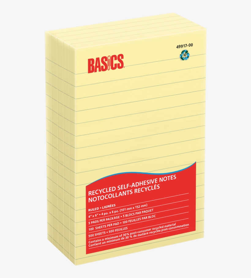 Basics® Recycled Self-adhesive Notes 4" X 6" Lined - Monarch Basics, transparent png download
