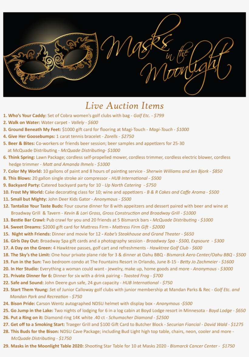 2019 Masks In The Moonlight Live Auction Items Are - Document, transparent png download