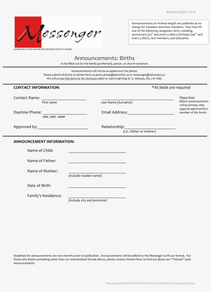 Free Blank Birth Announcement - Document, transparent png download