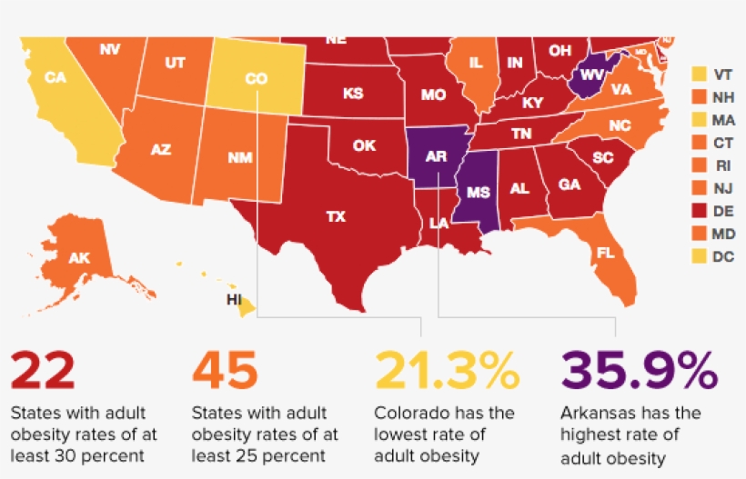 23 Of 25 States With Highest Rates Of Obesity Are In - Adult Obesity Rate By State 2015, transparent png download