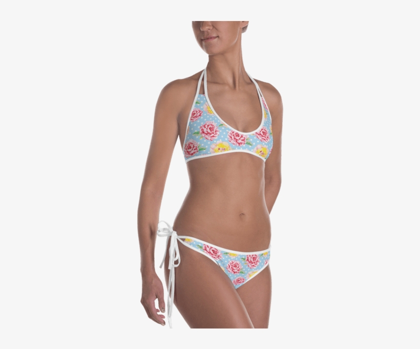 White, Pink And Yellow Flowers On The Polka Dots Print - Swimsuit, transparent png download