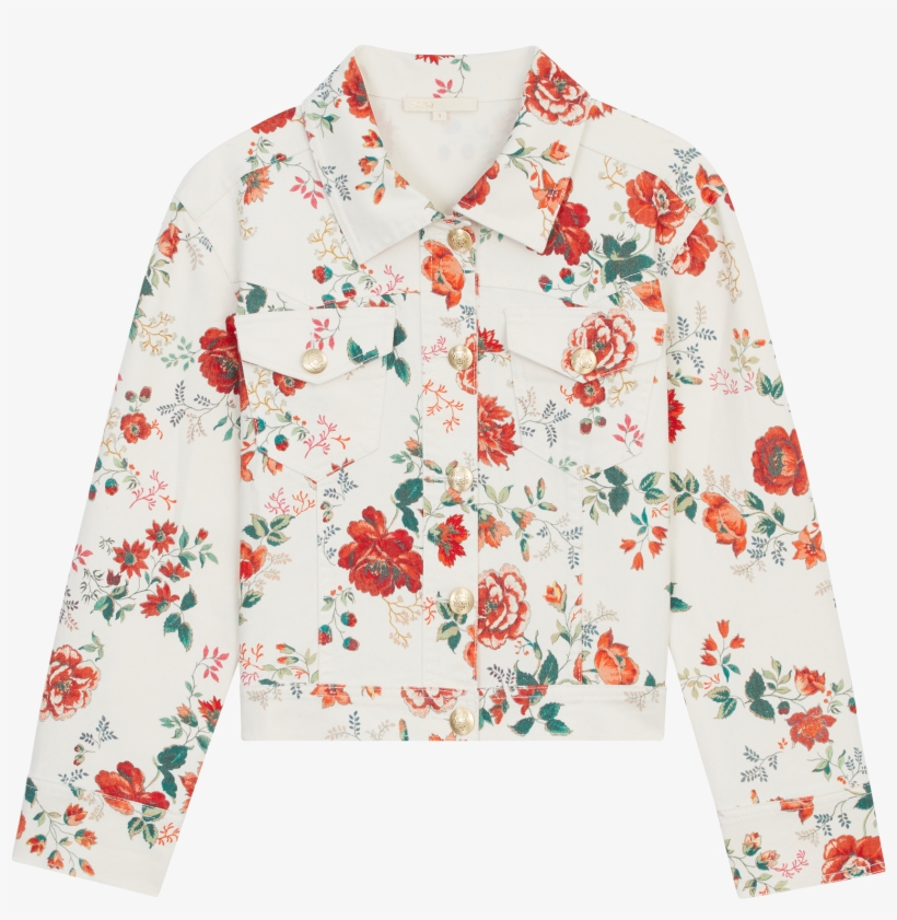 Denim Jacket With Floral Print - Sweater, transparent png download