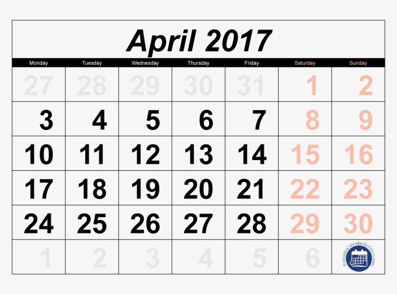 2017 Calendar April - 2011 Calendar, transparent png download