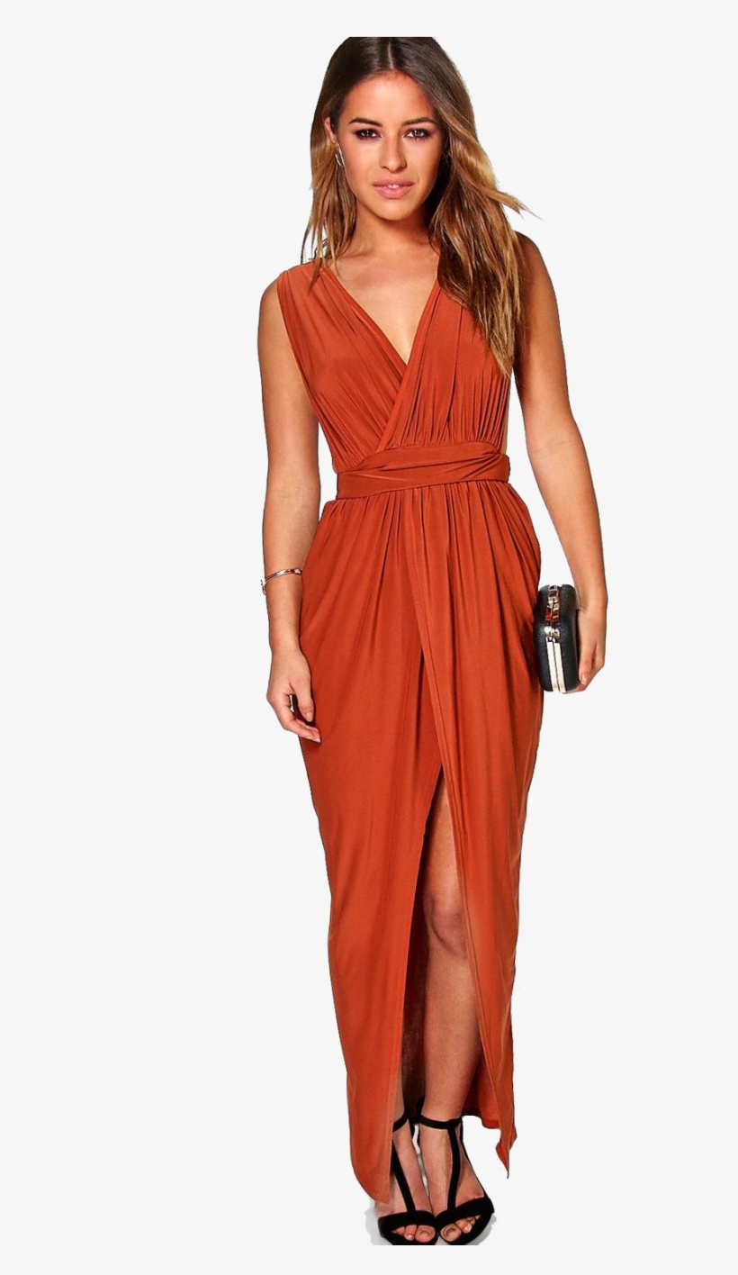 Copper-dress - Petite Sarah Plunge Drape Maxi Dress Copper, transparent png download