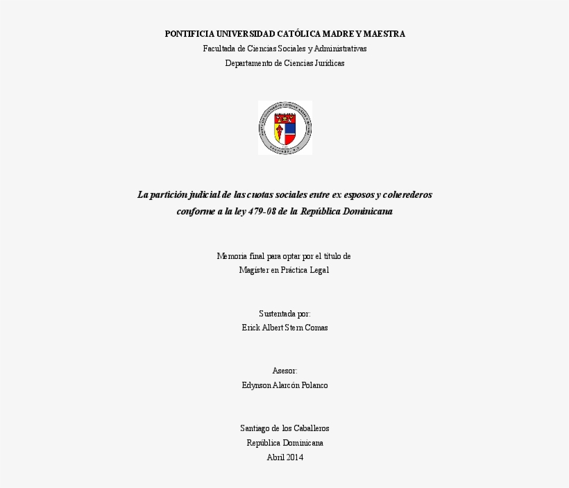 La Particion Judicial De Las Cuotas Sociales En Republica - Pontificia Universidad Católica Madre Y Maestra, transparent png download
