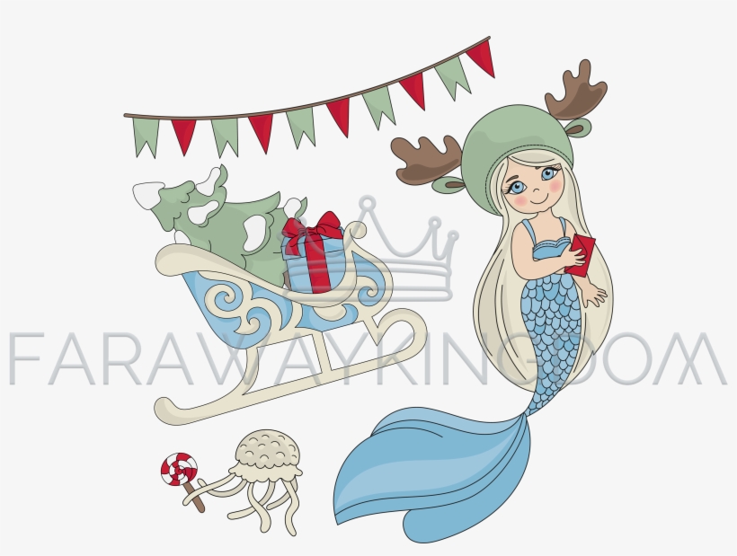 Mermaid Sled Cartoon Merry Christmas Vector Illustration - Vector Graphics, transparent png download