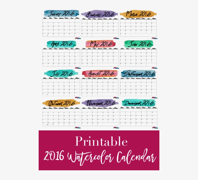 Printable 2016 Watercolor Calendar-01 - Calligraphy, transparent png download