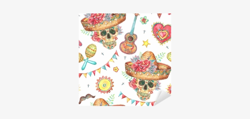 Watercolor Seamless Pattern With Skull In Sombrero - Watercolor Painting, transparent png download