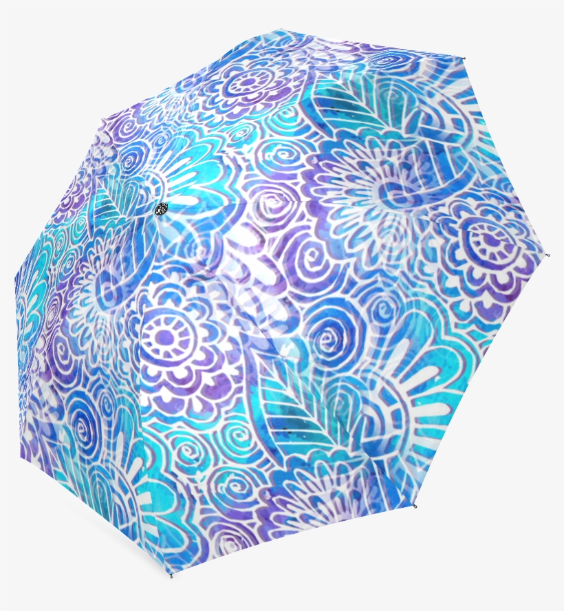 Boho Flower Doodle On Blue Watercolor Foldable Umbrella, transparent png download