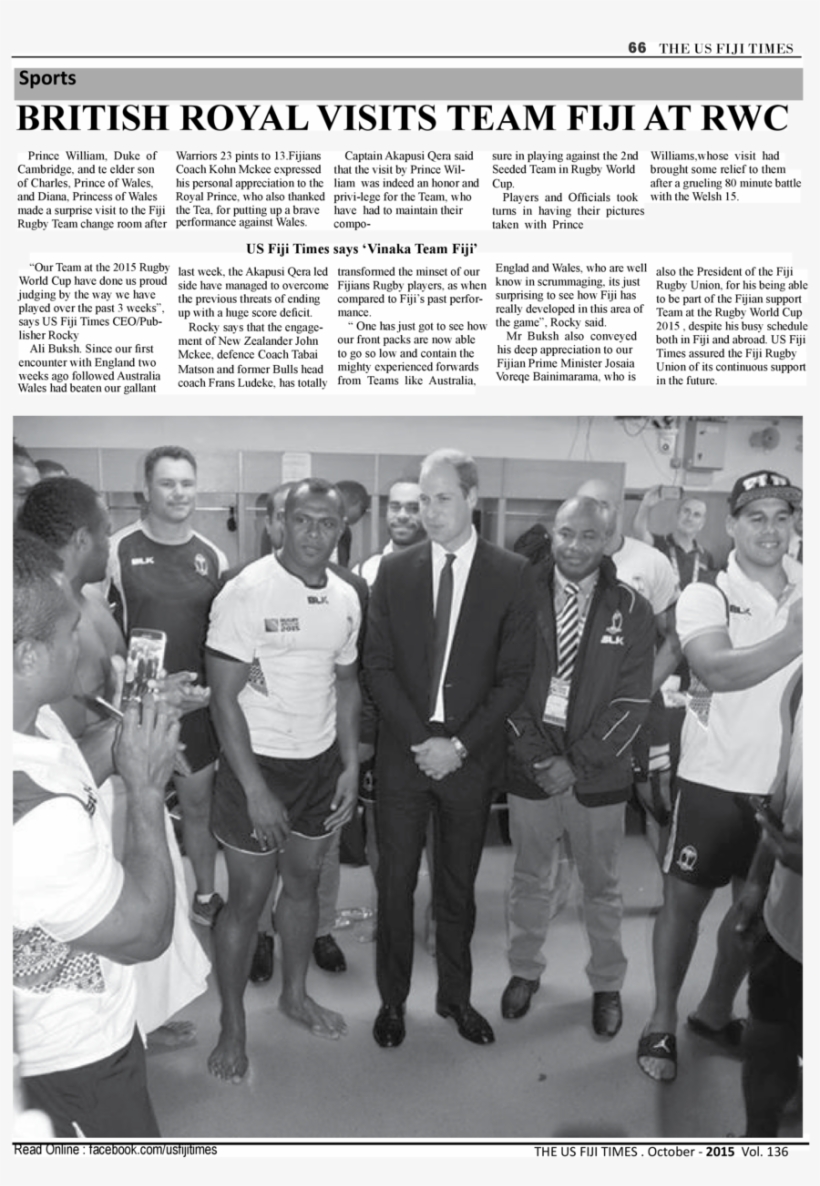 66 The Us Fiji Times Sports British Royal Visits Team - Photograph, transparent png download