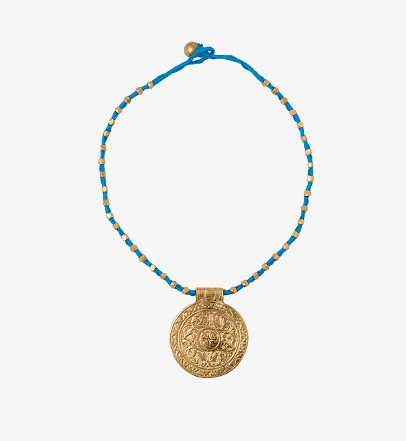 Dhokra Sky Blue Necklace With Round Golden Pendant - Locket, transparent png download