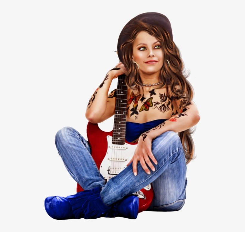 Lady Met Vlinder Tatoos En Gitaar * - Stock Photography, transparent png download