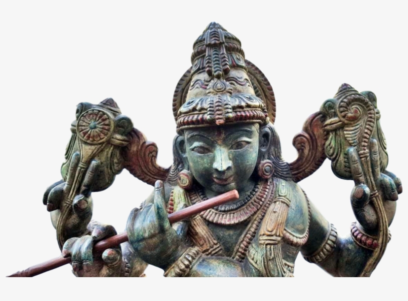 Hindu God Krishna With Cow Wooden Big Statue - Wood Hindu God Statue Png, transparent png download