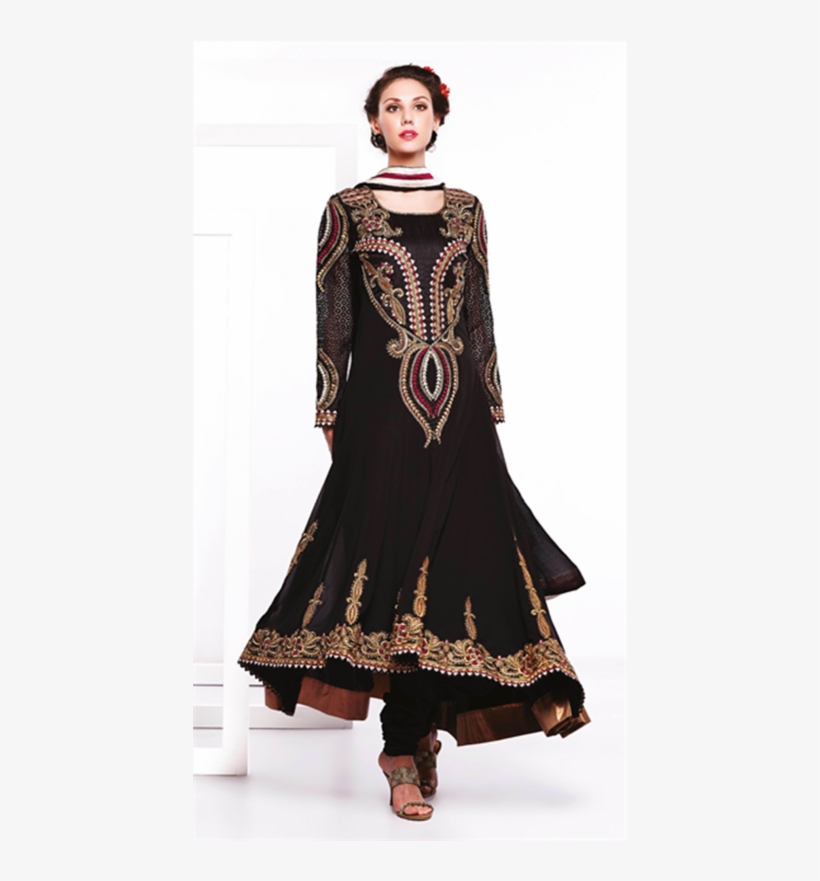 Pure Faux Georgette In Black & Gold Long Indian Anarkali - Shalwar Kameez, transparent png download