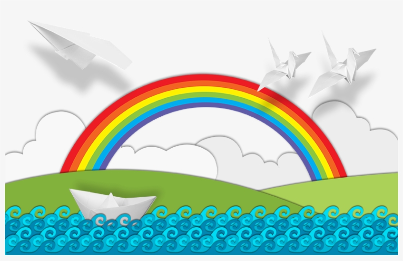 Plane Cartoon With Boat - Paper Boat And Rainbow, transparent png download