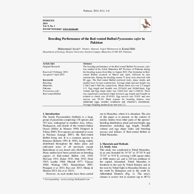 Breeding Performance Of The Red-vented Bulbul Pycnonotus - Document, transparent png download