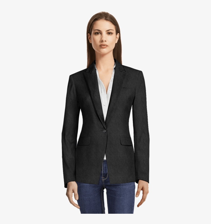 Black Linen Blazer With Peak Lapels-view Front - Blazer Smoking Mujer Azul, transparent png download